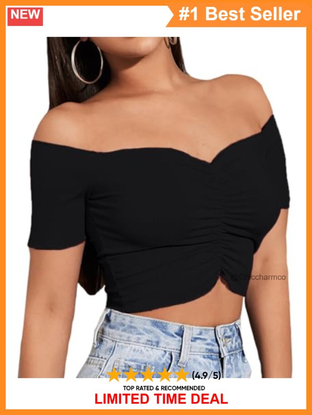 Off Shoulder Ruched Sweetheart Neck Ribbed Knit Crop Top - Picture 1 of 5